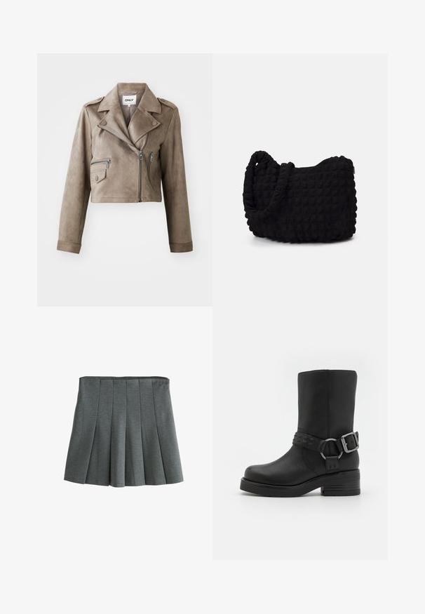 Hnědá umělá kožená zkrácená motorkářská bunda se zapínáním na zip, ramenní epolety a dvěma kapsami na zip. Texturovaný matný povrch.; Next HEAVYWEIGHT SHORT SLEEVE CREW NECK STANDARD - Triko s potiskem - chocolate brown; Šedá plisovaná sukně vyrobená z lehkého materiálu, s dobře padnoucím pasem a strukturovanými plisemi, které vytvářejí rozšířený siluetu.; Černý kožený kotníkový bot s kulatou špičkou, silným podpatkem a dekorativním šněrováním kolem kotníku. Texturovaný povrch.; Černá látková taška s texturovaným, prošívaným vzorem. Zaoblený tvar, krátké, silné uchy a měkká, flexibilní struktura.