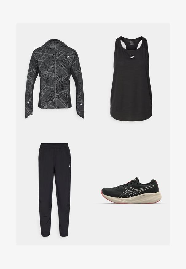 Schwarze Sportjacke mit reflektierendem geometrischen Muster, schlankem Design, durchgehendem Reißverschluss und Kapuze. Mit Taschen und Akzenten an den Bündchen.; Schwarzes sportliches Tanktop aus leichtem Material. Mit rundem Halsausschnitt, Racerback-Design und kleinem weißen Logo auf der Vorderseite.; Schwarze Sporthosen mit einem elastischen Bund, schmal zulaufenden Beinen mit Bündchen, aus leichtem, glattem Material und einem kleinen Logo am Oberschenkel.; Schwarzer Sportschuh mit einem Obermaterial aus Mesh und weißen Akzenten. Verfügt über eine gepolsterte Mittelsohle und ein rotes Außensohlen-Detail. Leichtes Design.