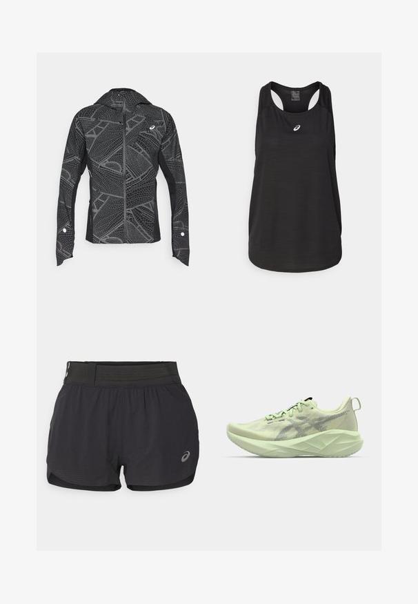 Black athletic jacket with reflective geometric pattern, sleek design, full zip front, and hood. Features pockets and cuff accents.; Black athletic tank top made of lightweight fabric. Features a round neckline, racerback design, and a small white logo on the front.; Black running shorts with a mesh waistband, featuring a smooth texture, short length, and a small logo on the lower right side.; Light green athletic shoe featuring a mesh upper, textured accents, and a thick, angular sole for enhanced cushioning and support.