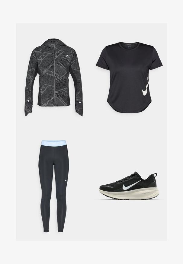 Black athletic jacket with reflective geometric pattern, sleek design, full zip front, and hood. Features pockets and cuff accents.; Black athletic t-shirt with short sleeves, featuring a white Nike swoosh logo on the lower side and a rounded hem.; Black athletic leggings with a light blue waistband featuring "NIKE PRO" text; smooth texture and fitted design. White Nike logo on the left side.; Black Nike running shoe with breathable mesh upper, white swoosh logo, textured detailing, and a cream-colored ZoomX midsole.