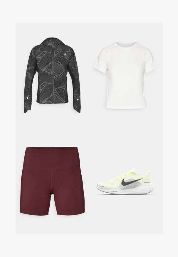 Czarna sportowa kurtka z odblaskowym geometrycznym wzorem, elegancki design, z pełnym zamkiem z przodu i kapturem. Posiada kieszenie i akcenty na mankietach.; Lekka biała koszulka z krótkim rękawem, okrągłym dekoltem i małym logo w lewym górnym rogu. Gładki materiał o subtelnej połysku.; Burgundzkie szorty sportowe z wysokim stanem, wykonane z gładkiego, elastycznego materiału; posiadają płaską konstrukcję szwów i nie mają kieszeni.; Biegi Nike z lekką żółtą i białą siateczką cholewy, szarymi akcentami i elastyczną gumową podeszwą. Posiada klasyczne sznurowanie.