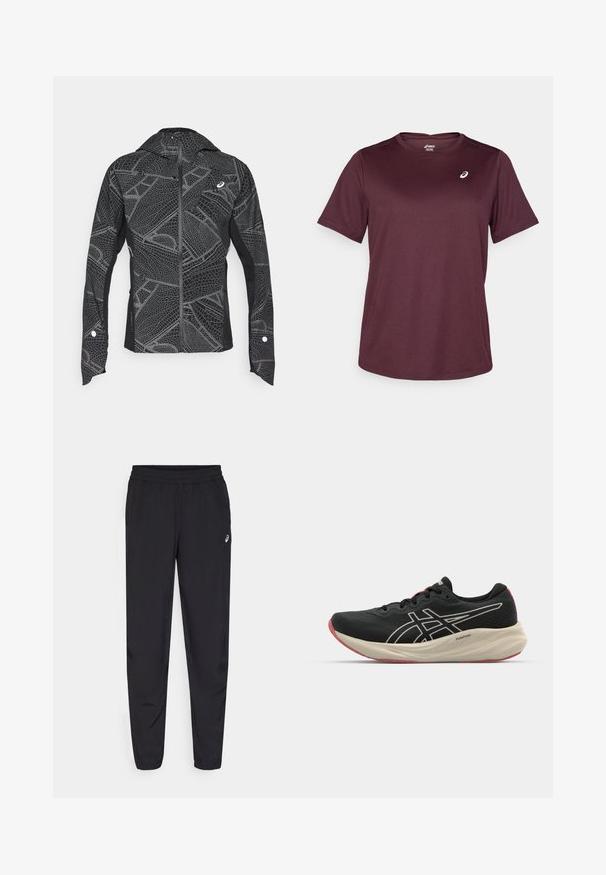 Veste de sport noire avec un motif géométrique réfléchissant, design épuré, fermeture éclair intégrale à l'avant et capuche. Comprend des poches et des accentuations aux poignets.; T-shirt de sport bordeaux en tissu respirant, avec des manches courtes et un col rond, présentant un petit logo sur la poitrine.; Pantalons de sport noirs avec une taille élastique, des jambes fuselées avec des poignets, fabriqués dans un matériau léger et lisse, et un petit logo sur la cuisse.; Chaussure de course noire avec un dessus en maille et des accents blancs. Caractéristiques d'une semelle intermédiaire rembourrée et d'un détail de semelle extérieure rouge. Design léger.