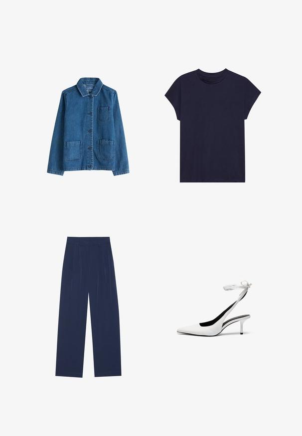Denim jakna u tamnoplavoj boji s ovratnikom, prednjim dugmadi, dva džepa od flasa i vidljivim šavovima. Glatka tekstura.; Tamno plava pamučna majica s okruglim izrezom i kratkim rukavima, koja se odlikuje opuštenim krojem i glatkom teksturom. Bez uzoraka ili dodataka.; Tamno plave hlače širokih nogavica, izrađene od mekog materijala, s prednjim nabora, glatke teksture i ravnog kroja bez vidljivih džepova.; Bijele cipele s otvorenim petama s oštrim vrhom i tankim remenom oko gležnja. Glatki kožni materijal, tanki stileto potplat i crna unutarnja obloga.