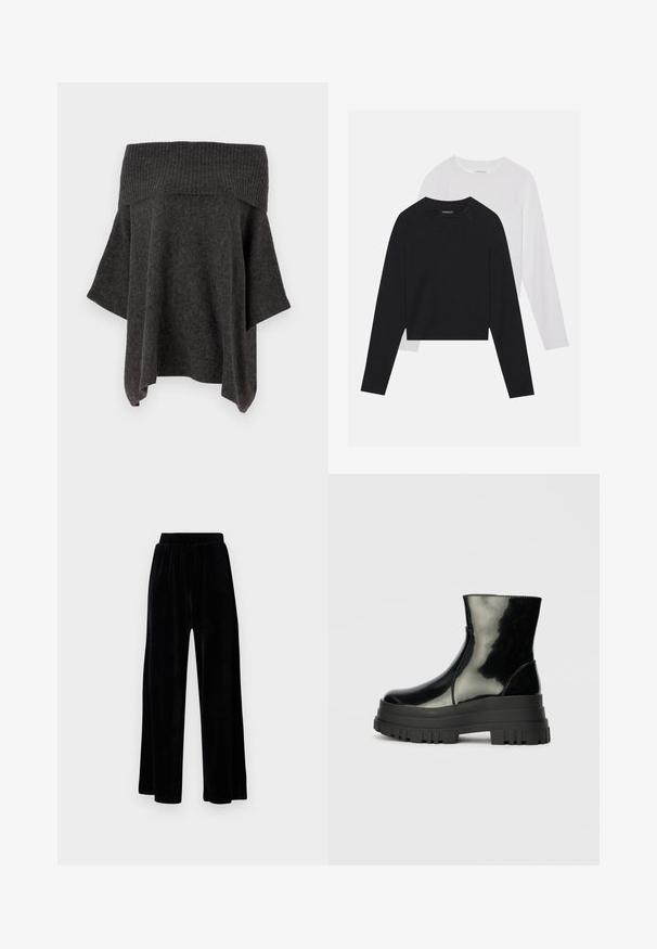 Nuo pečių nukritusi tamsiai pilka megzta palaidinė su raištiniu apykaklės kraštu, laisvomis rankovėmis ir atsipalaidavusiu siluetu. Minkšta tekstūra ir kasdienis dizainas.; Du dušo ilgomis rankovėmis marškiniai: vieni juodi, kiti balti. Abu marškiniai turi apvalų iškirpimą, raglan tipo rankoves ir minkštą medvilnės mišinio audinį.; Juoda plataus kirpimo kelnių pora, pagaminta iš minkštos velveto medžiagos, su elastingu juosmeniu ir glotnia tekstūra, be matomų detalių ar raštų.; Juodas blizgus kulkšninis botas su storu iškilniu padu ir apvaliu pirštu, šoninis vaizdas ant vientiso šviesiai pilko fono.