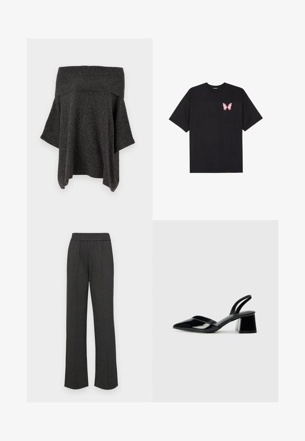 Off-the-shoulder, mørk grå strikkegenser med ribbestrikket halslinning, løse ermer og en avslappet silhuett. Myk tekstur og uformell design.; Svart bomulls T-skjorte med korte ermer, med en liten rosa sommerfugl grafikk på venstre bryst. Crew-neck design med en avslappet passform.; Svart rette bukser med elastisk liv, frontfolder, myk stoff, og uten synlige mønstre eller maskinvare detaljer.; Svarte patentlær slingback hæler med spiss tå og geometrisk blokk hæl. Har et stilrent, minimalistisk design og jevn tekstur.