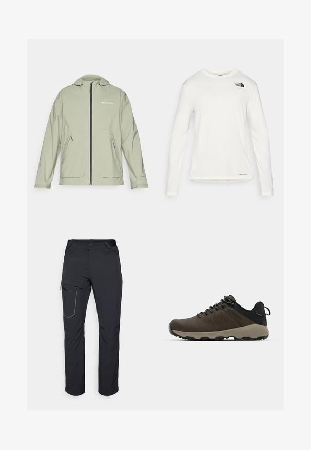Svetlozelená vodeodolná bunda s kapucňou, predným zipsom, bočnými vreckami a elastickými manžetami. Na hrudi je umiestnené logo Columbia.; Biela košeľa s dlhým rukávom a okrúhlym výstrihom, textúrovaná látka, čierne logo na ľavom pleci a nenápadné značkovanie na spodnej časti.; Čierne vonkajšie nohavice s vreckom na stehne so zipsom, elastickým pásom a hladkým, vodoodolným materiálom. Čistý dizajn bez viditeľných log. ; Hnedé vodoodolné tenisky s textúrovaným zvrškom, perforovanými detailmi, čiernou oporou päty a šedou gumovou podrážkou. Šnúrky sú ozdobené kovovými koncami.