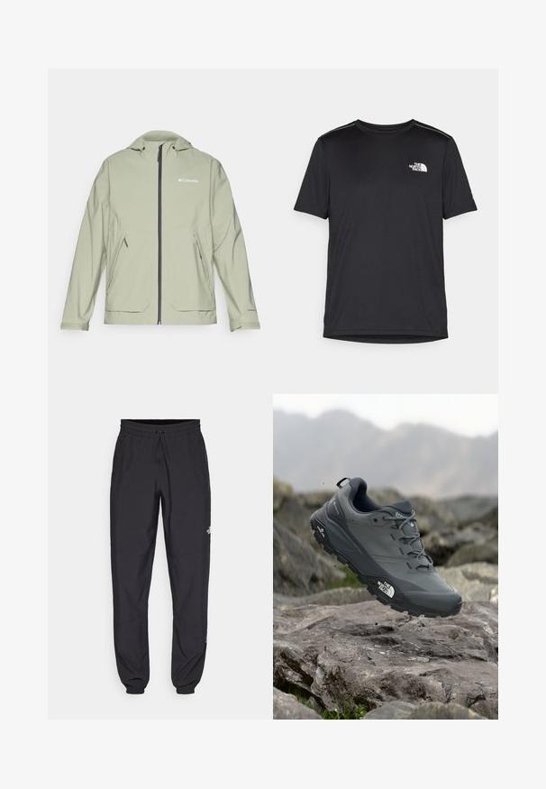Világoszöld vízálló dzseki kapucnival, elülső cipzárral, oldalsó zsebekkel és rugalmas mandzsettákkal. A mellkason Columbia logó található.; Fekete, rövid ujjú póló, könnyű anyagból készült. Bal mellen egy kis fehér logó található, és finom vállrész kiemelések.; Fekete sportnadrág, könnyű anyagból készült, húzózsinóros derékkal, oldalsó zsebekkel és szűkített szárakkal a bokáknál.; Szürke terepfutó cipő, texturált felsőrésszel, tartós gumitalppal és megerősített orr résszel. Fekete fűzők és márka logó a cipő oldalán.