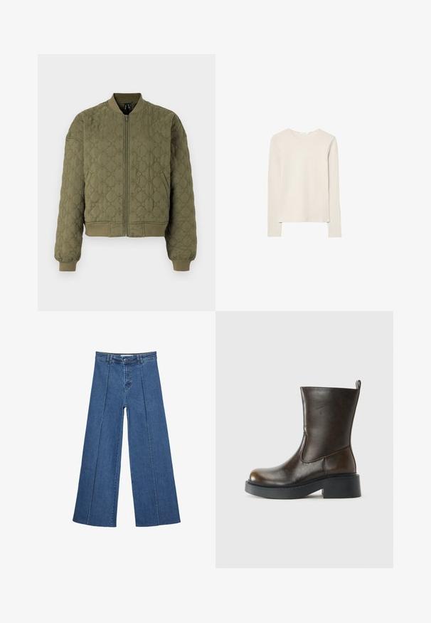 Quilted bomber jacket in olive green, featuring a front zipper, ribbed cuffs and hem, and a floral pattern embossed on the fabric.; Light beige long-sleeve top made of soft fabric, featuring a round neck and a relaxed fit with straight hem and minimal stitching detail.; Wide-leg denim jeans in medium blue, featuring a high waist, button closure, and contrasting vertical seam details along the front.; Dark brown mid-calf leather boot with a rounded toe, thick black sole, low block heel, and pull tab at the back.