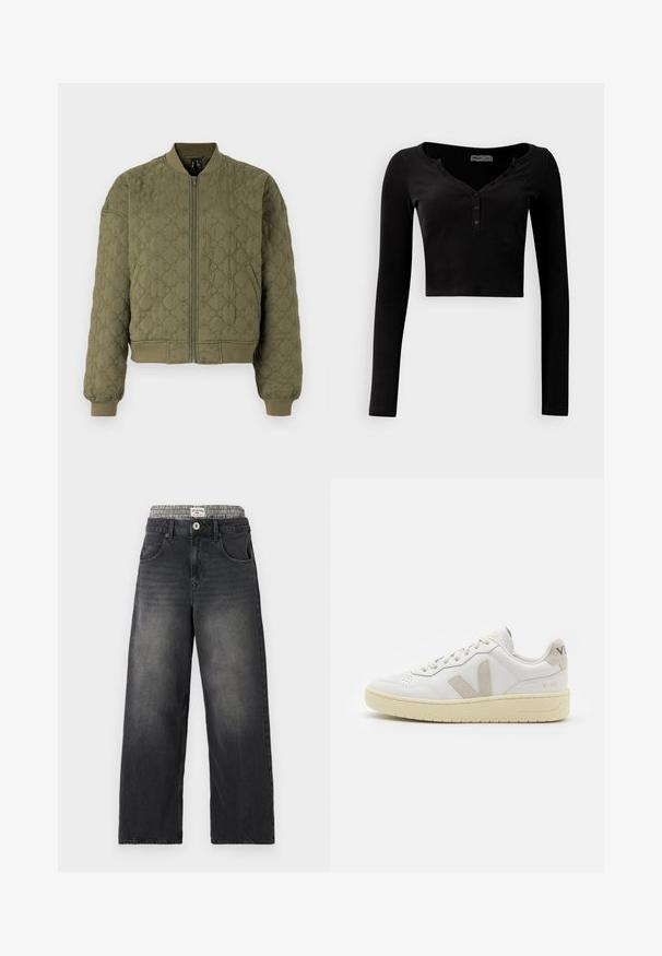 Chaqueta bomber acolchada en verde oliva, con cremallera frontal, puños y dobladillo de canalé, y un patrón floral embellecido en la tela.; Top negro corto de manga larga hecho de tela acanalada, con un escote en forma de V y una hilera de tres botones en la parte delantera.; Vaqueros de mezclilla negra de pierna ancha con una cinturilla de patrón de espiga. Incluye bolsillos frontales y un cierre con botón. Textura desgastada.; Zapatilla de piel blanca con acentos de ante beige, caja de puntera perforada, cordones planos y suela texturizada en color crema. Cuenta con un branding sutil en el talón.