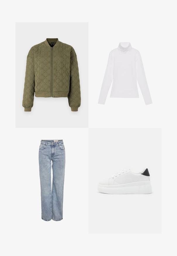 Jachetă bomber matlasată în verde măsliniu, cu fermoar frontal, manșete și tiv din tricot, și un model floral embosat pe material.; Tricou alb cu mâneci lungi și guler înalt, realizat dintr-un material neted și elastic. Dispune de un design ajustat, fără modele vizibile sau embellishments.; Jeans din denim, de un albastru deschis, cu croială largă, talie înaltă, design cu cinci buzunare și o ușoară decolorare pentru un aspect purtat.; Adidași albi cu platformă, fabricați din material sintetic neted, cu vârf rotund, design cu șireturi și talpă din cauciuc texturat. Accente negre la călcâi.