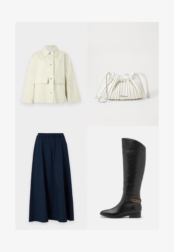 Lichtbeige korte jas gemaakt van stevig materiaal, met een gespreide kraag, sluiting met knopen aan de voorkant en twee grote zakken aan de voorkant.; Grijze V-hals trui gemaakt van zachte wol-mix stof, met lange mouwen en een relaxed fit. Eenvoudig, minimalistisch ontwerp zonder opvallende patronen.; Marineblauwe, lange rok gemaakt van textuurstof met een elastische tailleband en subtiele verticale strepen.; Hoge zwarte leren laarzen met een slank ontwerp, spitse neus en een gouden kettingaccent bij de enkel. Lage blokhak. Glad textuur.; Witte geplooide handtas gemaakt van zacht materiaal. Voorzien van een trekkoordsluiting, gevlochten handvatten en een accent van zilverkleurig hardware.