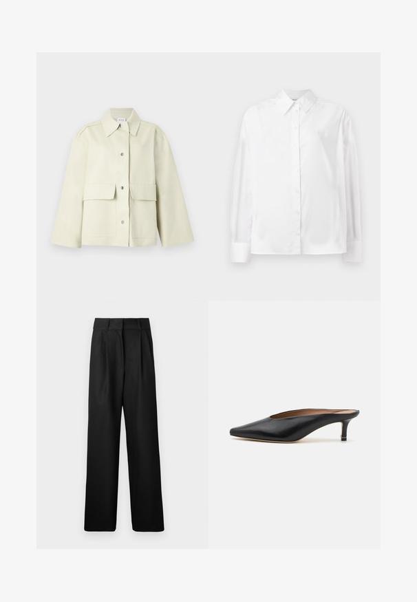 Light beige short jacket made of sturdy fabric, featuring a spread collar, front button closure, and two large front pockets.; White long-sleeve button-up shirt in a smooth cotton blend. Features a classic collar, front button closure, and rounded cuffs.; Black wide-leg trousers with a smooth texture, featuring front pleats and a high waist design. Made from a lightweight fabric.; Black leather mules with a pointed toe and low, block heel. Smooth texture with a sleek design. Open back with minimal detailing.