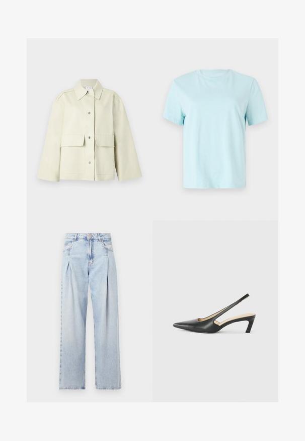 Vaaleanbeige lyhyt takki, joka on valmistettu kestävästä kankaasta. Takissa on avara kaulus, etupainonappi kiinnitys ja kaksi suurta etutaskua.; Vaaleansininen puuvillapaita, jossa on lyhyet hihat, pyöreä kaula-aukko ja hienovaraisesti etupuolelle brodeerattu 'Calvin Klein' -logo.; Vaaleansiniset farkut, joissa on korkea vyötärö, leveälahkeinen leikkaus, kaksi sivutaskua ja pleatattu muotoilu. Pehmeä rakenne, jossa on haalistunut viimeistely.; Musta, kärjeltään terävä slingback-kengä, jossa on matala korko. Kengässä on sileä nahkamateriaali ja sivuilla leikkaukset hengittävyyttä varten.