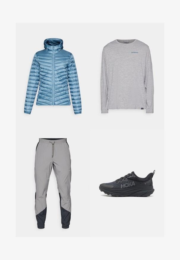 ODLO JACKET INSULATED X-ALP PACKABLE - Chaqueta de plumas - provincial blue; Camiseta de manga larga gris claro hecha de un tejido suave y texturizado. Presenta un cuello redondo y un pequeño logo azul de Patagonia en el pecho.; Pantalones deportivos ligeros y grises con acentos negros. Cintura elástica, cierre con cordón, diseño de pierna ajustada y bolsillos laterales.; Zapatilla de running Hoka negra con parte superior de malla, detalles texturizados y una suela gruesa y acolchada con bordes cónicos para un mayor soporte.