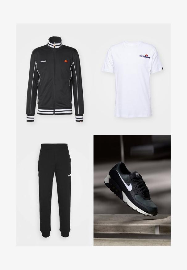 Sort hættejakke med lynlås lavet af glat stof, med hvide striber på kraven og ærmekanterne, samt et broderet logo på venstre bryst.; Hvid bomulds t-shirt med korte ærmer, prydet med et marineblåt broderet logo på venstre bryst og en farverig accent over logoet.; Sorte sweatpants lavet af blødt stof har en tapered ben-design, elastisk talje, sidelommer med lynlås og et lille logo accenter.; Sort og grøn sneaker med et mønstret mesh-overdel, hvid swoosh-logo, polstret krave og en synlig luftdæmpningsenhed i sålen.