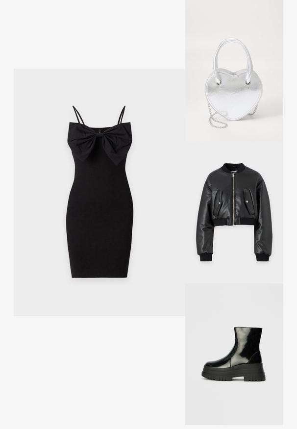 Svart cropped bomberjakke laget av teksturert skinn med ribbede mansjetter, har to klafflommer og en glidelås foran.; Svart tettsittende kjole med en stor sløyfedetalj ved utringningen, med tynne justerbare stropper og en glatt, elastisk tekstur.; Svart, blank ankelstøvel med tykk såle og rund tå, sett fra siden på en enkel, lys grå bakgrunn.; Sølv metal hjerteformet håndveske med doble håndtak, kjedehank og jevn tekstur. Har metallhardware og sømmede kanter.
