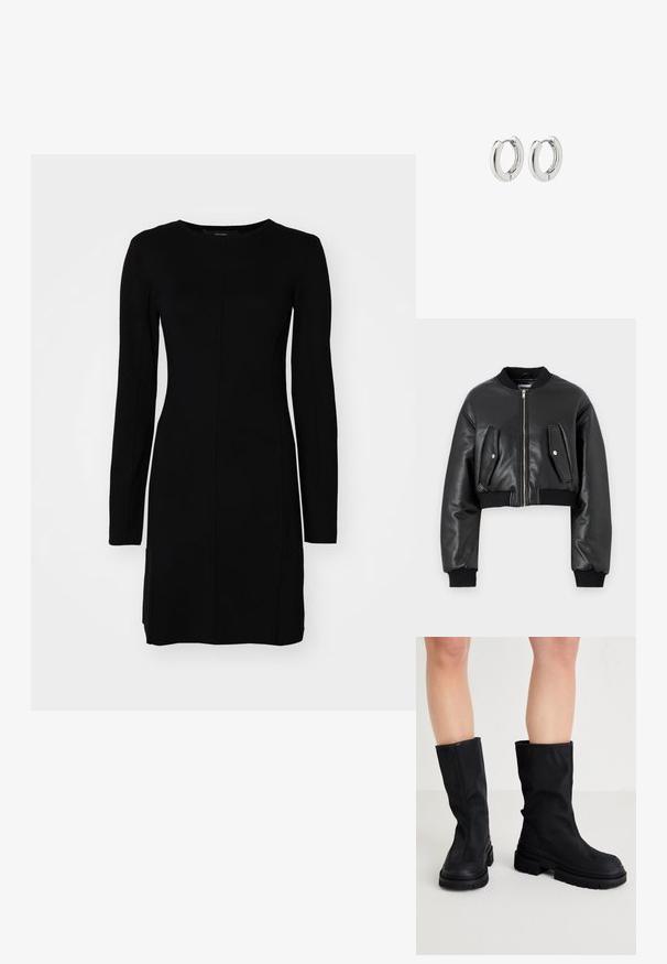 Čierna skrátená bomberská bunda vyrobená z textúrovanej kože s rebrovanými manžetami, s dvomi chlopňovými vreckami a predným zipsom.; Čierne dlhé šaty s dlhým rukávom vyrobené z rebrovanej tkaniny. Pozostávajú z priliehajúcej siluety, okrúhleho výstrihu a centrálneho švu.; Čierne čižmy po kolená vyrobené z hladkého textilného materiálu s hrubou gumovou podrážkou, s minimalistickým dizajnom a jemnými prešívacími detailmi.; Strieborné kruhové náušnice s lešteným povrchom, s obvodovým dizajnom a bezšvíkovými pántmi, ktoré majú hladkú textúru.