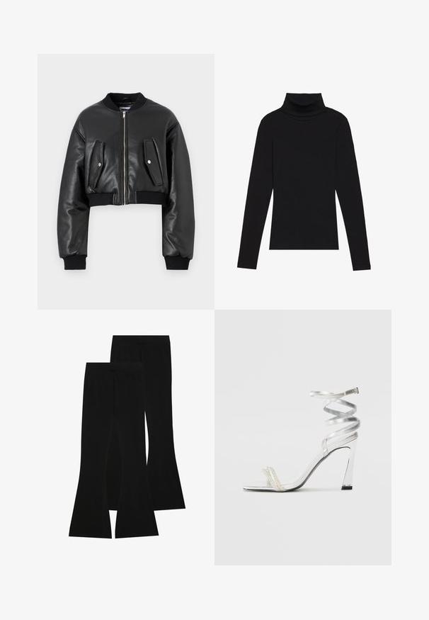 Chaqueta bomber corta negra hecha de cuero texturizado con puños acanalados, que cuenta con dos bolsillos con solapa y un cierre frontal con cremallera.; Top de manga larga de cuello alto negro, hecho de tela de canalé, presenta un diseño ajustado con un cuello alto y sin patrones ni acentos.; Pantalones acampanados negros hechos de tela elástica, con una cintura alta y una textura suave, con un diseño ajustado que se ensancha a partir de la rodilla.; Sandaia de tacón alto plateada con un diseño de tira brillante, que cuenta con un acento similar a una perla y una correa en espiral en el tobillo para un ajuste seguro.