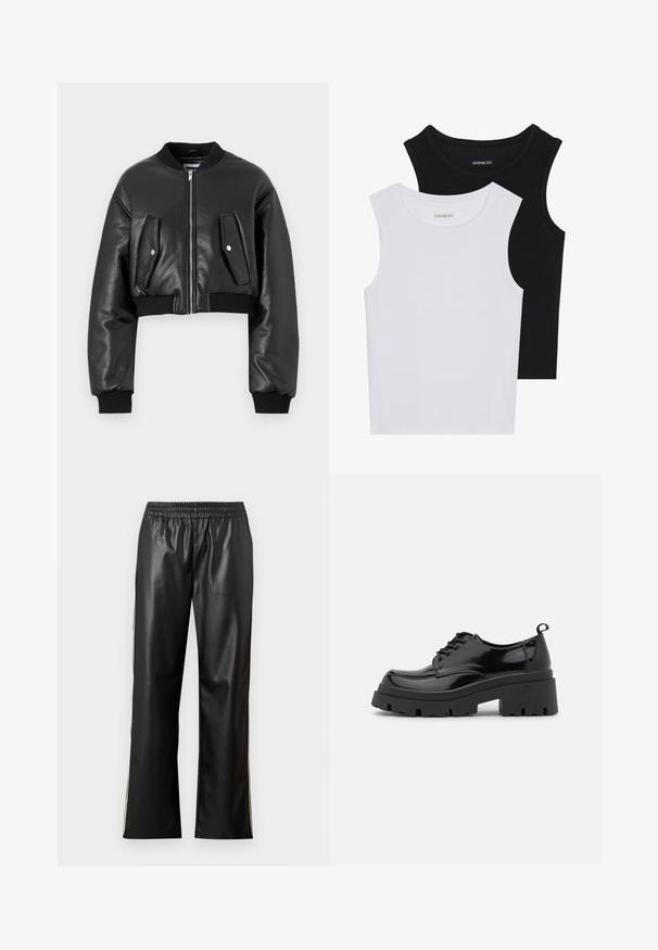 Svart cropped bomberjakke laget av teksturert skinn med ribbede mansjetter, har to klafflommer og en glidelås foran.; To skjortetopper uten ermer i svart og hvitt, laget av ribbestrikket bomull, med rund hals og en tettsittende design. Merker synlige på begge.; Sorte faux skinnbukser med elastisk midje, rett ben-design, og kontrasterende sidestroker. Glatt tekstur og minimalistisk stil.; Sorte lakk lær sko med en kraftig plattformsåle og tykke snører. Avrundet tå, minimal detaljering, og en liten hæltab bak.