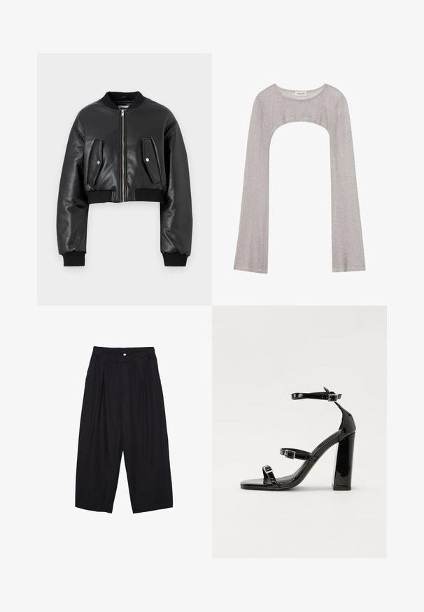 Črna kratka bomber jakna iz teksturirane usnjene tkanine z rebrastimi manšetami, ki vključuje dva žepa s poklopcem in zadrgo na sprednji strani.; Srebrna bluza z dolgimi rokavi in okroglim izrezom, z izrezom spodaj. Narejena iz teksturiranega materiala, z oprijetim krojem in razširjenimi rokavi.; Črne poliesterske culotte hlače z elastičnim pasom, dvema sprednjima nabiranjema in ohlapnim krojem. Brez vidnih vzorcev ali kovinskih detajlov.; Črne lakirane sandale s peto, kvadratnim prstom, trakovi okrog gležnja in srebrnimi zaponkami. Opremljene so s stabilno Debelo peto.