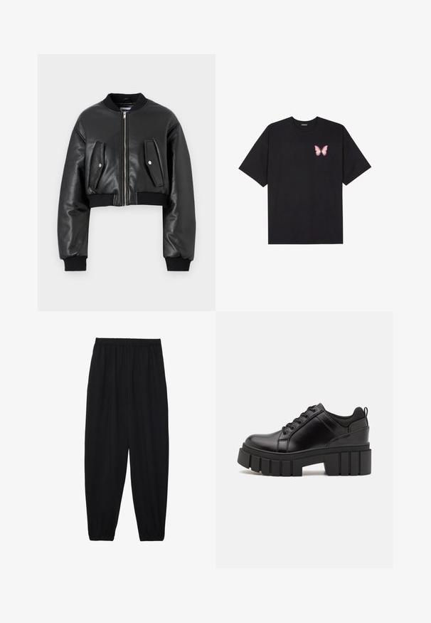 Črna kratka bomber jakna iz teksturirane usnjene tkanine z rebrastimi manšetami, ki vključuje dva žepa s poklopcem in zadrgo na sprednji strani.; Črna bombažna majica s kratkimi rokavi, ki ima majhen roza metuljček na levi strani prsnega dela. Majica s krožnim ovratnikom in sproščenim krojem.; Črne, lahke hlače z elastičnim pasom in nabranimi gležnji. Tkanina je gladka in ima sproščen, taperiran dizajn.; Črne usnjene platforme z debelim blokastim petam, okroglo konico in klasičnim vezanjem. Imajo gladko teksturo in minimalne podrobnosti.