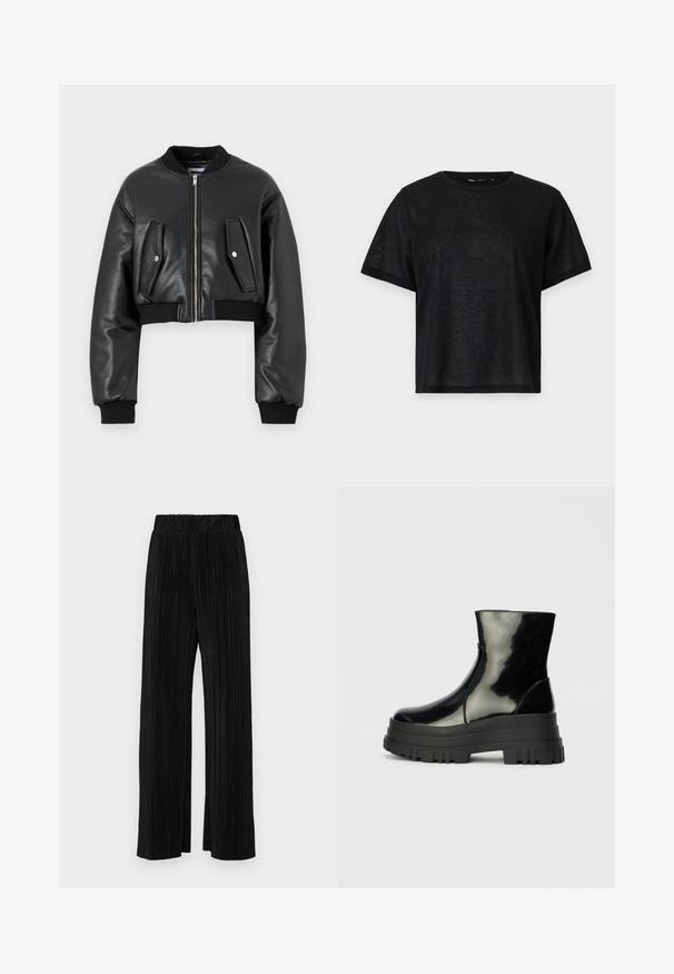 Zwarte korte bomberjack van gestructureerd leer met ribgebreide boorden, voorzien van twee klepzakken en een rits aan de voorkant.; Zwart t-shirt met korte mouwen en een relaxte pasvorm, voorzien van een gladde textuur en een ronde hals. Lichtgewicht stof met een subtiele glans.; Zwarte geplooide broek met een elastische tailleband. Beschikt over wijde pijpen en een glad, gestructureerd stof met verticale strepen.; Zwarte glanzende enkelboot met dikke profielzool en ronde neus, zijaanzicht op een effen lichtgrijze achtergrond.