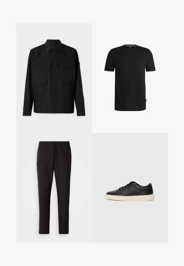 Jachetă neagră cu guler, două buzunare pe piept, slituri laterale și mâneci lungi. Fabricată dintr-un material neted, mat.; Tricou negru cu mânecă scurtă, fabricat din bumbac fin, cu decolteu rotund. Prezintă o etichetă subtilă a brandului pe partea stângă, aproape de tiv.; Pantaloni de jogging negri, confecționați dintr-un material neted. Prezintă un talie elastică cu șnur, picioare conice și fără buzunare vizibile. Design simplu.; Sneaker din piele neagră, cu vârf jos, cu șireturi negre și talpă de un alb murdar, prezentat în profil lateral, pe un fundal alb.