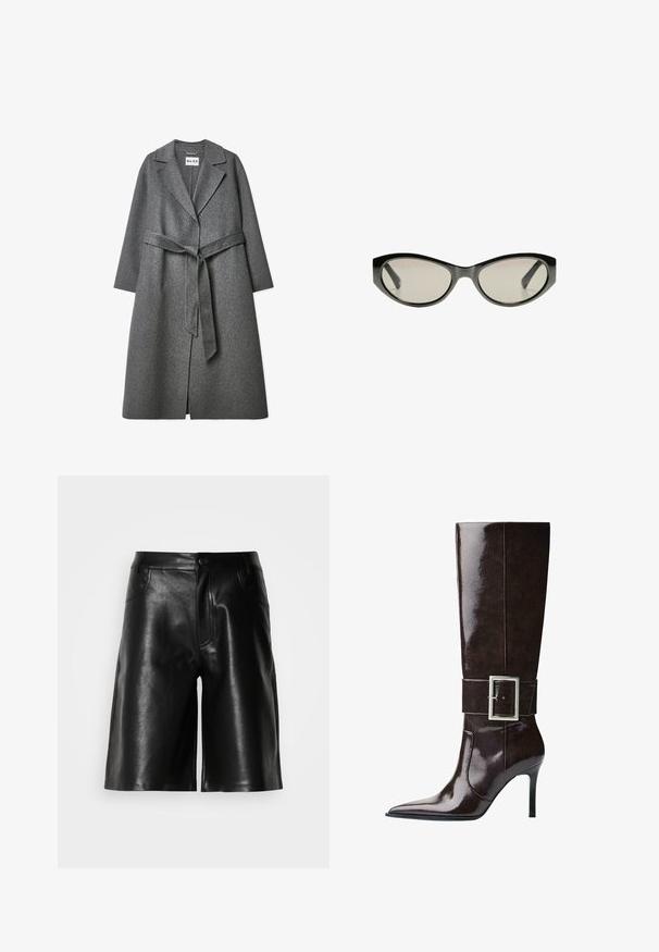 Cappotto grigio in misto lana con silhouette su misura, ampi rever, maniche lunghe e una cintura coordinata in vita. Presenta una superficie testurizzata.; Maglione grigio corto realizzato in materiale morbido e peluche. Presenta maniche lunghe e un collo tondo, con una texture liscia e leggera.; Top a maniche corte, di un color crema chiaro con collo rotondo, realizzato in tessuto morbido. Presenta una vestibilità comoda e una consistenza liscia, adatto per essere indossato a strati.; Shorts neri in pelle con una texture liscia, dotati di tasche anteriori, patta con zip e una vestibilità sartoriale.; Stivale in morbida pelle marrone scuro, alto fino al ginocchio, con punta affusolata, tacco a stiletto e ampia fascia con grande fibbia rettangolare in argento.; Occhiali da sole neri a forma di occhio di gatto con lenti grigie. La montatura in plastica presenta bordi affilati e una finitura liscia e lucida.