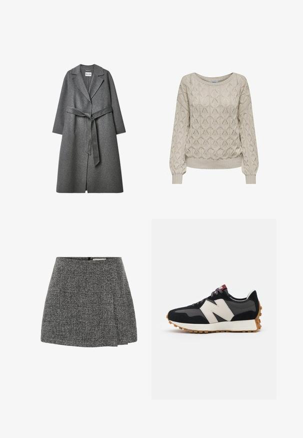 Grijze wolblend jas met een op maat gemaakte silhoutte, brede revers, lange mouwen en een bijpassende riem in de taille. Beschikt over een gestructureerd oppervlak.; Lichtbeige gebreide trui met een geometrisch patroon, geribbelde boorden en een brede halslijn, die een gestructureerde uitstraling en ontspannen pasvorm biedt.; Grijze minirok met een gestructureerd, geplooid ontwerp, voorzien van een onopvallende ritssluiting aan de achterkant. De stof heeft een geweven patroon.; Zwarte en grijze suède sneaker met een groot crèmekleurig "N"-logo, paarse veters en een gestructureerde rubberen zool van gum.
