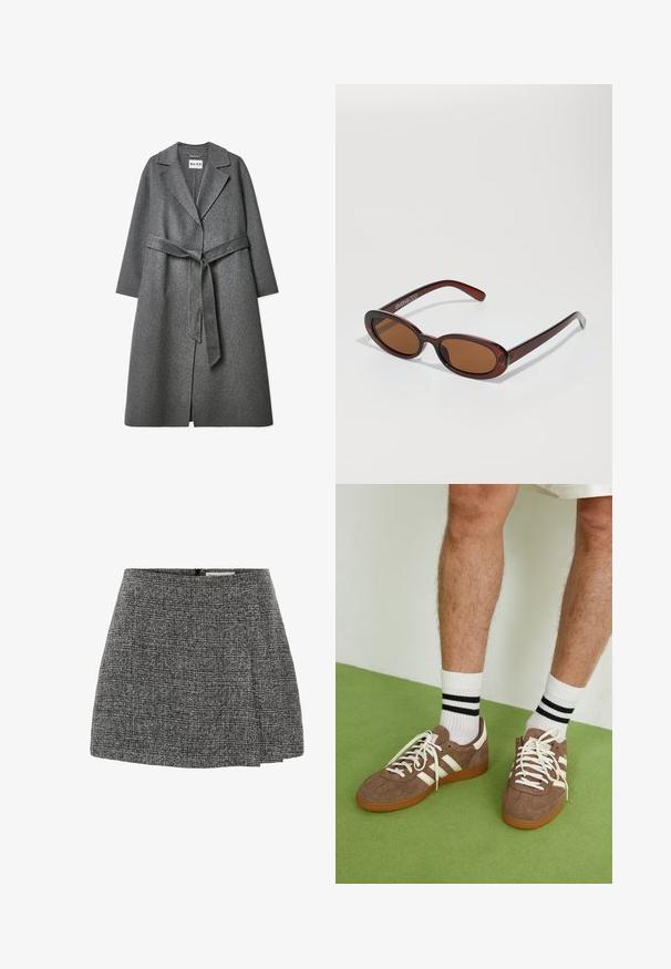 Harmaa villasekoitteinen takki, jossa on muotoiltu siluetti, leveät läpät, pitkät hihat ja yhteensopiva vyö vyötäröllä. Ominaisuuksia tekstuuri pinnassa.; Pitkähihainen paita vaaleassa kankaassa, jossa on lievää kerääntymistä sivuilla ja klassinen kaulus. Sujuva rakenne, yksinkertainen muotoilu.; Harmaa teksturoitu minihame laskoskuvioinnilla, jossa on huomaamaton vetoketju takana. Kangas esittelee kudotun kuvion.; Ruske nahkate sneakerit valkoisilla korostuksilla ja nauhoilla. Kumi-gumipohja. Yhdistetty valkoisiin sukkiin, joissa on mustia raitoja. Vihreä teksturoitu lattia.; Pyöreät, ruskehtavat aurinkolasit, joissa on kiiltävä burgundinpunainen runko. Kapeat sivut, joissa on hienovarainen brändäys. Litteät linssit.
