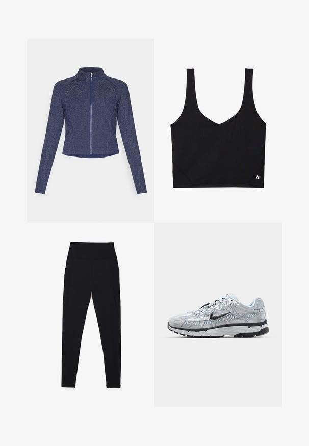 Navy zip jacket with a high collar. Made of textured fabric with a subtle sparkly finish. Fitted design and long sleeves.; Black sports bra with wide straps, a V-neck design, textured fabric, and logo detail at the hem. Smooth finish, minimalist style.; Black leggings made from stretchy fabric with a high, ribbed waistband. Features side pockets and seamless design for comfort.; Nike P-6000 sneakers with a light grey mesh upper, black accents, and a durable black rubber sole. Features intricate design and lacing system.