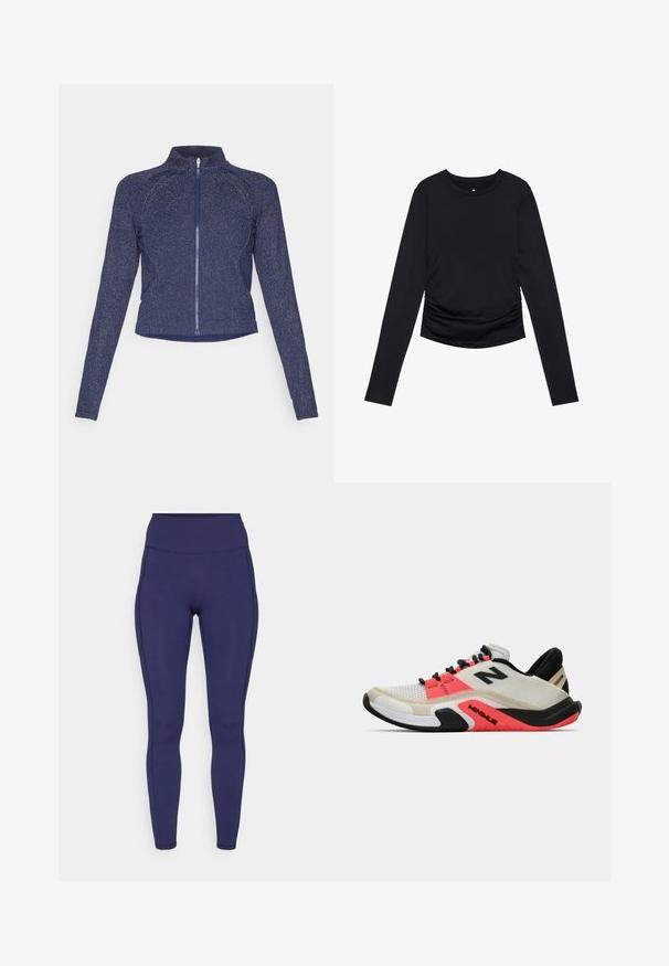 Marineblaue Zip-Jacke mit hohem Kragen. Aus texturiertem Stoff mit einem dezenten glitzernden Finish gefertigt. Taillierter Schnitt und lange Ärmel.; Schwarzes langärmliges Oberteil mit rundem Ausschnitt und Raffung an den Seiten, präsentiert vor einem schlichten weißen Hintergrund.; Marineblaue High-Waist-Leggings aus dehnbarem Stoff. Mit flachen Nähten und enger Passform, ausgestattet mit zwei seitlichen Taschen zur Aufbewahrung.; New Balance MINIMUS TR - Trainingsschuh - sea salt