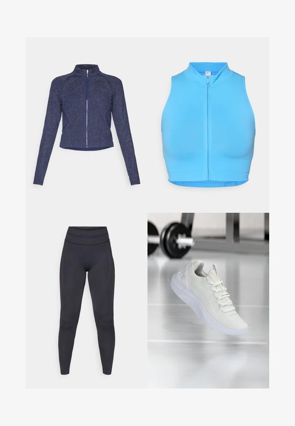 Casaco com fecho de correr azul-marinho e gola alta. Feito de um tecido texturizado com um acabamento ligeiramente brilhante. Design ajustado e mangas compridas.; Top desportivo curto em azul brilhante, com colarinho alto e fecho dianteiro. Feito de tecido elástico, apresenta uma textura suave e sem padrões.; Leggings pretos com uma cintura elástica alta apresentando o texto "UNDER ARMOUR". Textura suave com detalhes de padrão discreto ao longo das pernas.; Sapatilha atlética branca com um cabedal em malha texturizada e sistema de atacadores, apresentando uma sola branca acolchoada e sutis acentos ribateados.