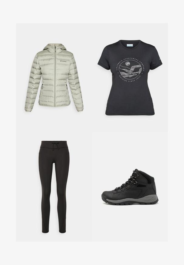 Jachetă pufoasă verde deschis cu glugă, cu textură matlasată orizontal, fermoar frontal, două buzunare laterale și logo-ul Columbia pe piept.; Tricou negru Columbia cu artă liniară albă circulară reprezentând munți și un râu, împreună cu textul "Columbia Sportswear Company Afară din 1938."; Leggings negre cu talie înaltă, șnur, textură netedă și design ajustat. Prezintă detalii de cusături de-a lungul laturilor.; Botă de drumeție neagră cu un design mediu, având un material texturat, accente gri și o talpă din cauciuc durabilă cu crampoane pentru aderență.