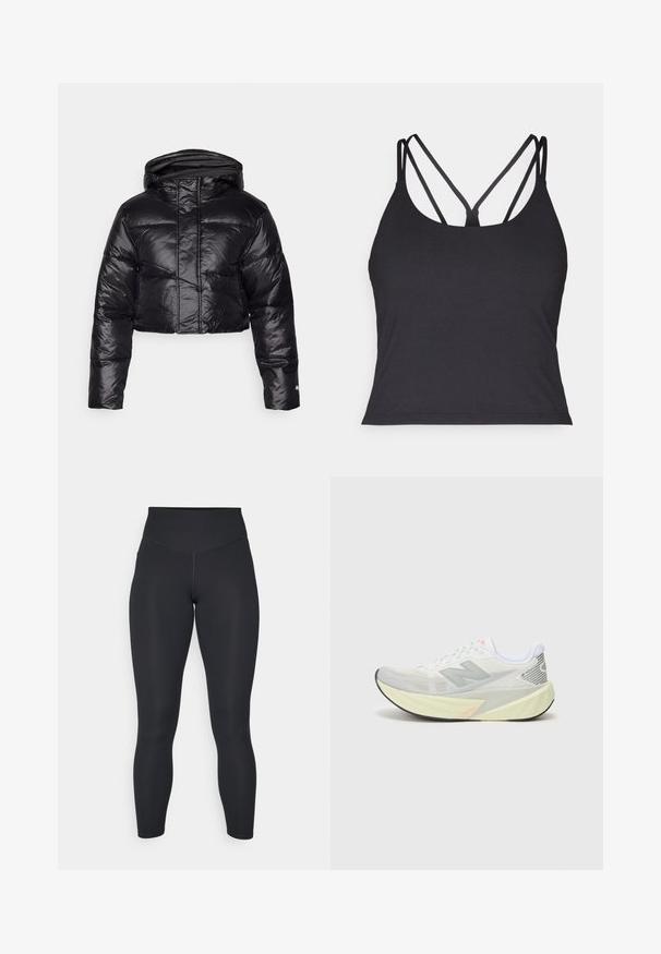 Casaco puffer preto cropped com um acabamento brilhante, capuz e padrão acolchoado horizontal. Apresenta punhos elásticos e um fecho frontal.; T-shirt preto sem mangas com alças finas e um design entrelaçado nas costas. Feito de um material macio e elástico com um corte ajustado.; Leggings pretos com cintura alta, textura suave e design justo. Apresentam costuras planas e cobertura total sem padrões.; Sapatilha de corrida leve com um upper de malha cinza e branco, um logótipo 'N' proeminente e uma entressola amarela com acentos angulados. Sola preta.