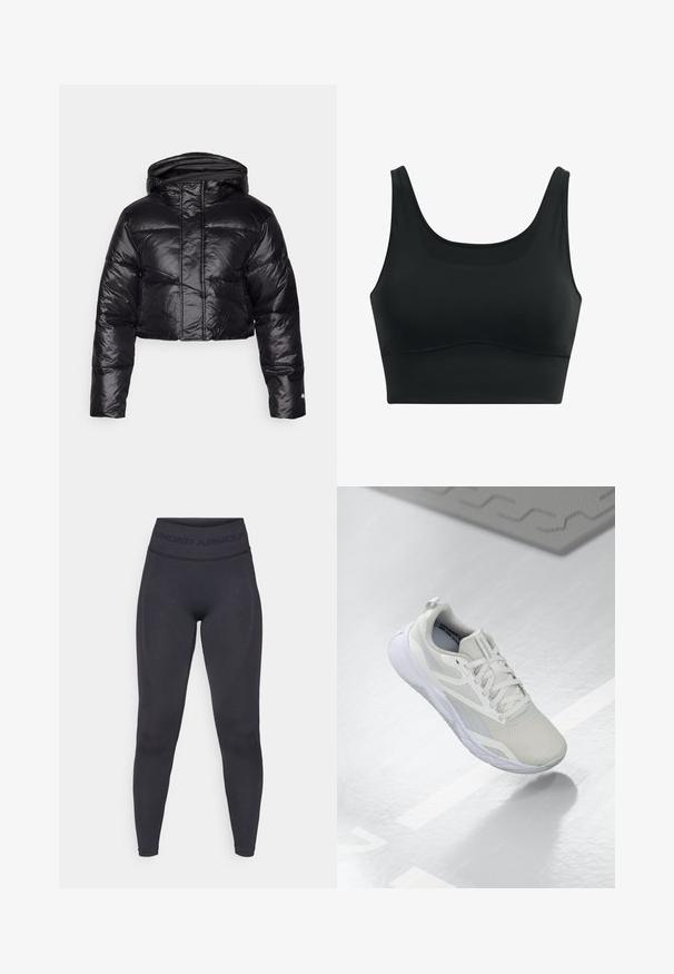 Cropped black puffer jacket with a shiny finish, a hood, and horizontal quilted pattern. Features elastic cuffs and a front zipper.; Black sports bra made of smooth fabric, featuring a scoop neck, wide straps, and seamless design with a curved hemline.; Black leggings with a high elastic waistband featuring "UNDER ARMOUR" text. Smooth texture with subtle pattern accents along the legs.; White athletic shoe with a mesh upper, padded tongue, and a white rubber sole. Notable accents include light gray detailing and pull tab.