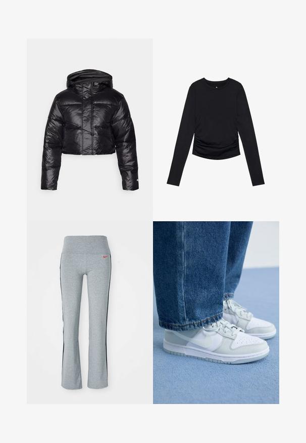 Kurt svart boblejakke med en blank finish, hette og horisontal quiltet mønster. Har elastiske mansjetter og glidelås foran.; Svart langermet topp med rund hals og innsamlet detaljering på sidene, vist mot en ensfarget hvit bakgrunn.; Grå treningsbukser med bred midje, med en rød Nike-logo og svarte sidestreker. Laget av mykt, elastisk materiale.; Nike-sko i hvit og lys grå lær med perforert tå, flate lisser og gummisåle, sammen med blå denimjeans.