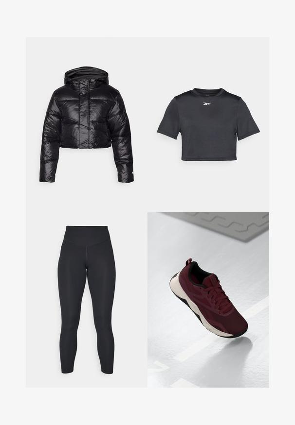 Skraćena crna puf jakna sa sjajnom završnom obradom, kapuljačom i horizontalnim šavovima. Sadrži elastične manžete i prednji zip.; Crna skraćena atletska majica od glatkog, laganog materijala. Ima kratke rukave i okrugli izrez s bijelim logotipom otisnutim na prsima.; Crne tajice s visokim strukom, glatkom teksturom i tijesnim krojem. Imaju ravne šavove i punu dužinu bez uzoraka.; Bordo atletska cipela s mrežastim gornjim dijelom, crnim akcentima i podloženim bijelim potplatom. Ima sustav vezanja i pomoćnu petlju na peti.