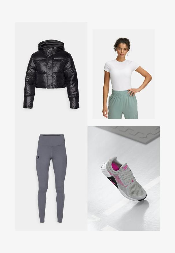 Lühendatud must pufferjope läikiva viimistlusega, kapuuts ja horisontaalne tikand. Omab elastseid randmeosi ja ees olevat tõmblukk.; Valge lühikeste varrukatega T-särk, millel on sobiv lõige, kombineeritud helesiniste elastsete vöökohtpükstega. Sile tekstuur, minimalistlik disain ja nähtavaid mustreid pole.; Hallid spordikangast legginsid, mis on valmistatud sileda ja veniva materjali järgi. Kõrge vöökoht ja sobivad sääred. Must logo vasakul puusal. Nähtamatud õmblused.; Hallhalli ja roosa Reebok spordijalats, millel on võrgusilma ülemine ja detailne tallakujundus, väljapanek peegeldaval valgel pinnal.