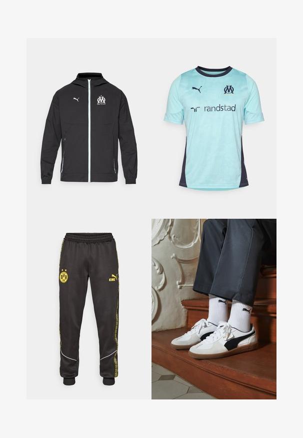 Black lightweight jacket with a hood, featuring a front zipper, white Puma logo, and Marseille design at chest, elastic cuffs, and side pockets.; Light blue short-sleeve football shirt with dark navy accents, featuring a textured pattern, crew neckline, and logos on chest and sleeves.; Black athletic pants with yellow Borussia Dortmund BVB 09 and Puma King logos, elastic waistband, and patterned yellow side stripes.; Puma sneakers in white and black suede, featuring a brown rubber sole. Paired with white socks displaying a black logo, worn with dark pants.