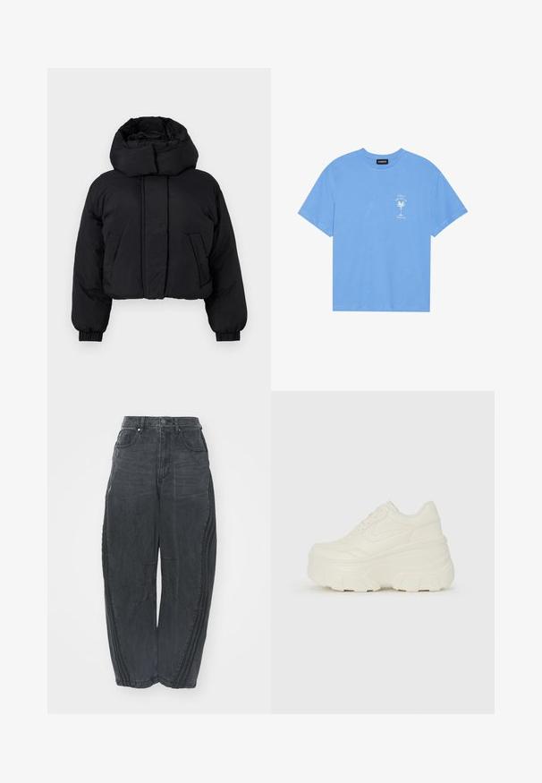 Musta lühike puffer-jakk kõrge polsterdatud kraega, pikad varrukad elastsete mansettidega ja kaks esipocketit.; Heledad sinine puuvillane T-särk ümmarguse kaelusega. Vasakul rinnal on valge palmipuu ja tekst. Lühikesed varrukad.; Kottide mustad teksad, millel on kulutatud viimistlus, viis taskut, vöökoht nööbiga kinnitamine ja õmmeldud detailid ees ja külgedel.; Valged platvormi tõusukingad, millel on siledast nahast meenutav pealis, ümar kuju, pehmendatud kaelus ja tekstureeritud kummitald koos selgete hüdrofoobsete mustritega.