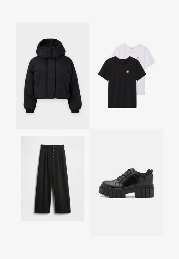 Musta lühike puffer-jakk kõrge polsterdatud kraega, pikad varrukad elastsete mansettidega ja kaks esipocketit.; Mustvalged ja valged T-särgid, ümar kaelus, lühikesed varrukad. Must särgile on tikitud kollane päike; valgel särgil on lillakate poolkuu aktsent.; Laiad mustad püksid, mis on valmistatud tekstuuriga kangast. Omab kõrget vööd, viie nööbiga esist fasteningut ja pressitud voldid lisadetailideks.; Must musta platvormsussid paksu plokkninal, ümmarguse varbaga ja traditsioonilise nööridega kinnitamisega. Sussid on sileda tekstuuriga ja minimaalsete detailidega.