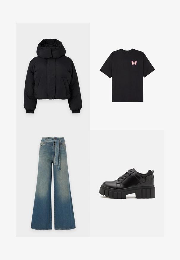 Jaqueta cropped preta com colarinho almofadado alto, mangas longas com punhos elásticos e dois bolsos frontais.; T-shirt de algodão preto com mangas curtas, apresentando um pequeno gráfico de borboleta rosa no lado esquerdo do peito. Design de gola redonda com um corte solto.; Calças de ganga de perna larga com um gradiente de azul claro a escuro, cintura alta, passantes para cinto e um cinto de tecido a condizer. Acabamento em ganga texturizada.; Sapatos de plataforma em couro preto com um salto bloco robusto, bico redondo e design clássico de atacadores. Apresentam uma textura suave e detalhes mínimos.