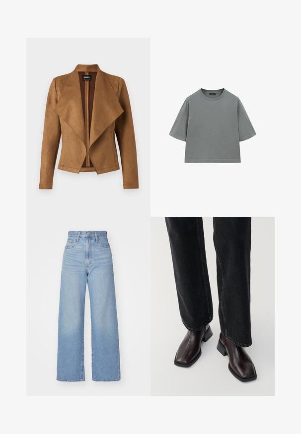 Giacca in suede marrone con un davanti drappeggiato, maniche lunghe e una vestibilità su misura. Presenta un ampio colletto e un design pulito e aperto.; T-shirt in cotone grigio con una forma rilassata e squadrata, maniche corte e scollo rotondo. Presenta cuciture visibili lungo i bordi.; Jeans a vita alta blu chiaro con gamba larga, chiusura frontale con bottone e zip, tasche anteriori e posteriori, su uno sfondo bianco.; Stivali in pelle marrone fino alla caviglia con punta quadrata e tacco a blocco, abbinati a jeans neri a gamba larga. Texture liscia e design minimalista.
