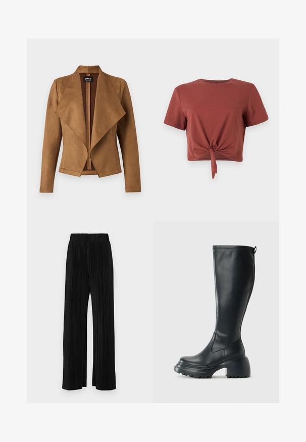 Brown suede jacket with a draped front, long sleeves, and a tailored fit. It features a wide collar and a clean, open design.; Rust-colored cropped t-shirt in soft cotton with short sleeves and a knotted front detail. Smooth texture, round neckline.; Black pleated trousers with an elastic waistband. Features wide legs and a smooth, textured fabric with vertical stripes.; Tall black leather boot with chunky platform sole and block heel, featuring pull tab and textured tread on outsole.