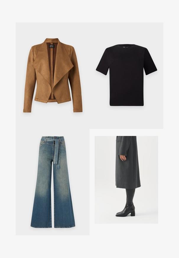 Bruine suède jas met een gedrapeerde voorkant, lange mouwen en een getailleerde pasvorm. Het heeft een brede kraag en een schone, open design.; Zwarte T-shirt met korte mouwen en een ronde hals, gemaakt van zachte katoenstof. Eenvoudig ontwerp, geen zichtbare logo's of patronen.; Wijduitlopende denim broek met een lichte naar donkere blauwe gradient, hoge taille, riemlussen en een bijpassende stoffen riem. Gestructureerde denimafwerking.; Grijze, op maat gemaakte overjas met een rechte snit; gecombineerd met kniehoge zwarte leren laarzen met een vierkante neus en chunkyerand.
