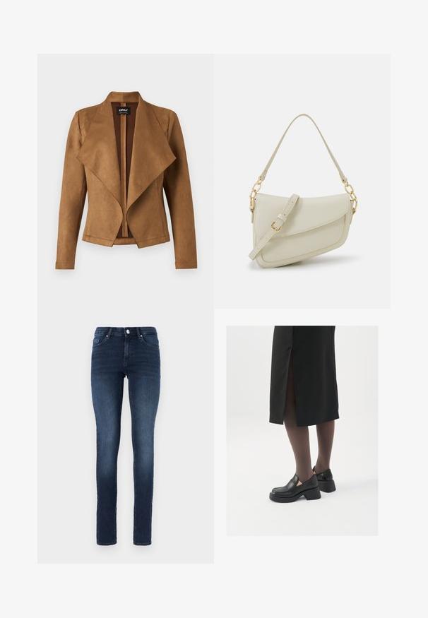 Veste en suède marron avec un devant drapé, des manches longues et une coupe ajustée. Elle se distingue par un large col et un design épuré et ouvert.; Débardeur blanc sans manches en tissu côtelé, doté d'un col rond et d'une silhouette ajustée, avec des coutures minimales et sans ornements.; Jean skinny bleu foncé en denim, avec un design classique à cinq poches, fermeture à bouton et un léger délavage au niveau des cuisses.; Chaussures noires en cuir avec un bout arrondi, un épais talon bloc et des accents latéraux élastiques, associées à des bas foncés et une jupe noire avec une fente.; Petit sac à main crème avec une finition texturée, une longue sangle réglable, un accent en chaîne et une fermeture à rabat. Détails en matériel doré.; Boucles d'oreilles en argent en forme de créoles avec un design torsadé, dotées d'une finition polie et d'une fermeture à poussoir. Mesurent environ 3 cm de diamètre.