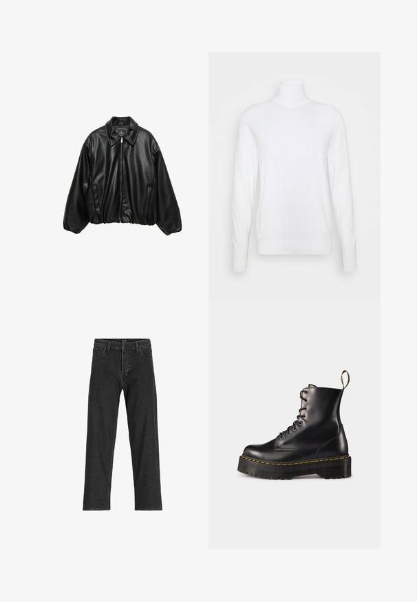 Zwarte leren bomberjack met een gestructureerde afwerking, een kraag, ritssluiting en elastische tailleband. Voorzien van zijzakken.; Witte coltrui met lange mouwen, gemaakt van een zachte stof. Heeft een aansluitend ontwerp en geribde manchetten en zoom. Geen patronen of accenten.; Zwarte spijkerbroek met een recht model, voorzien van een rits, riemlussen en zes zakken, gemaakt van een stevige katoenmix.; Zwarte leren veterschoenen tot de enkel met een robuuste zwarte zool en gele stiksels. Kenmerkend zijn de trekloop aan de achterkant en de ronde metalen oogjes.