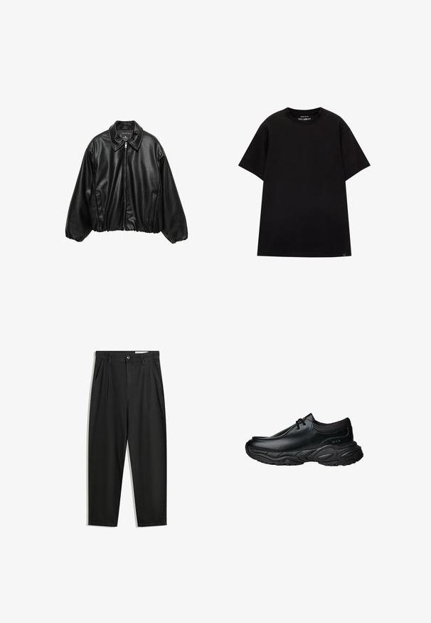 Zwarte leren bomberjack met een gestructureerde afwerking, een kraag, ritssluiting en elastische tailleband. Voorzien van zijzakken.; PULL&BEAR JOIN LIFE - T-shirt basic - black; Zwarte katoenen broeken met een losse pasvorm, voorzien van een klassieke tailleband, voorplooien en zijzakken. Gladde structuur zonder patronen.; Zwarte leren instapschoenen met een ronde neus en een dikke, gestructureerde rubberen zool. Bevat subtiele stiksels en elastische accenten bij de kraag.