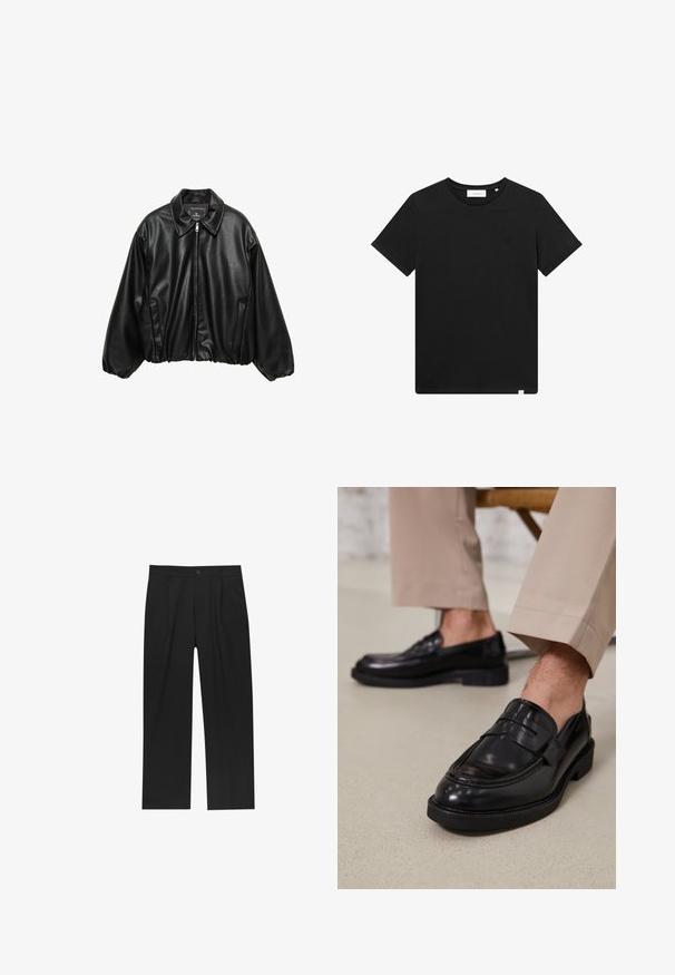 Giacca bomber nera in pelle con finitura testurizzata, colletto, chiusura con zip e vita elasticizzata. Presenta tasche laterali.; T-shirt nera a maniche corte in cotone, con scollatura rotonda e un piccolo logo ricamato sul petto. Tessuto liscio, vestibilità standard.; Pantaloni neri con un design a gamba dritta, realizzati in un tessuto liscio. Presentano pieghe frontali e una chiusura a un bottone in vita.; Mocassini in pelle nera con finitura liscia, dotati di una cintura decorativa e cuciture a contrasto, abbinati a pantaloni beige.